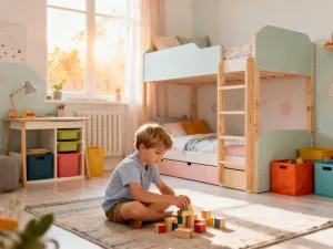 Kobieta porządkuje ubrania w nowoczesnej garderobie na poddaszu ze skosami, utrzymanej w jasnej, minimalistycznej stylistyce.