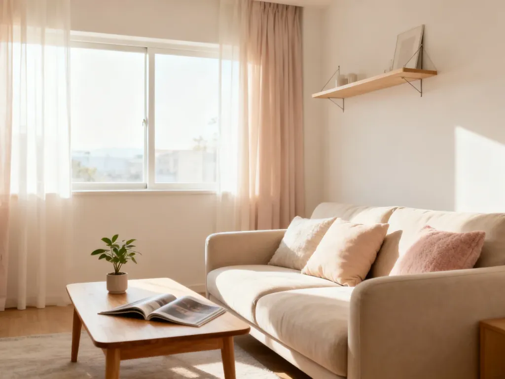 Jasny, minimalistyczny salon z beżową sofą i drewnianym stolikiem, prezentujący sposób na funkcjonalną aranżację małego wnętrza.