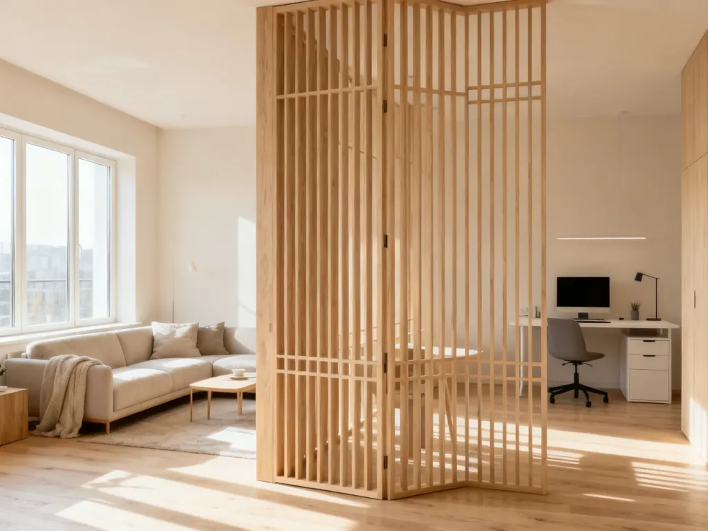Nowoczesny salon z drewnianą ścianką działową, która oddziela strefę wypoczynkową od minimalistycznego domowego biura.